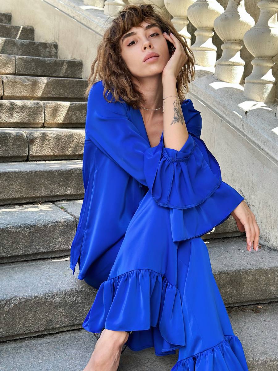 Premium Two-Piece Satin Set with Ruffle Blouse